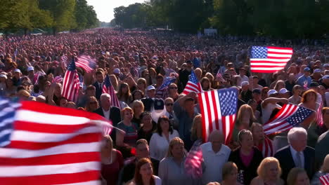 a large crowd of people waving american flags at an outdoor patriotic event