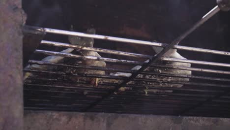 two fish grilling in hot coal with fire shot in slow motion from a low angle, revolving around fish