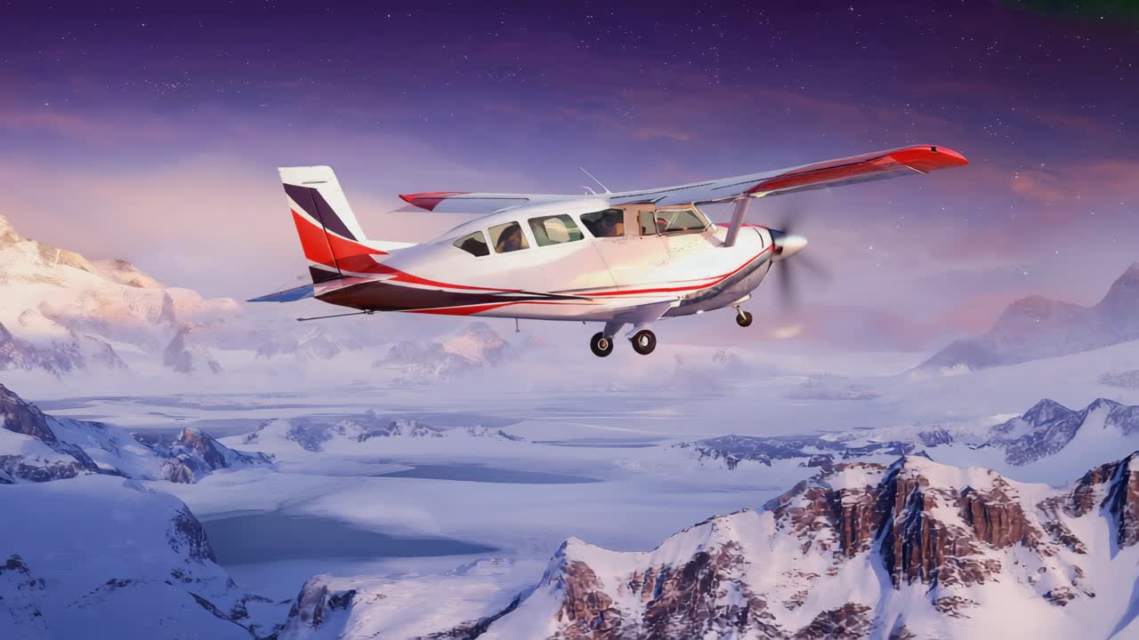 Propeller airplane gliding above snow draped mountain range during sunset, revealing breathtaking alpine landscape with luminous purple sky and pristine winter terrain