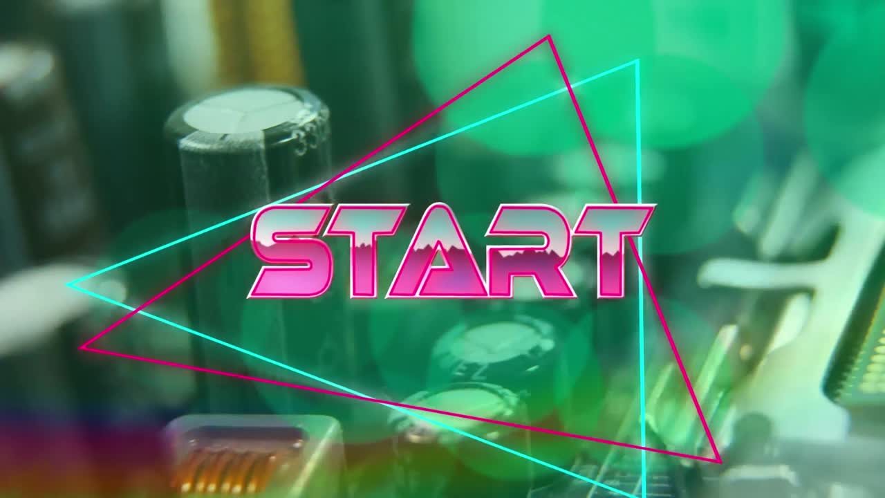 Animation of pink metallic text start, over neon lines, on green computer motherboard