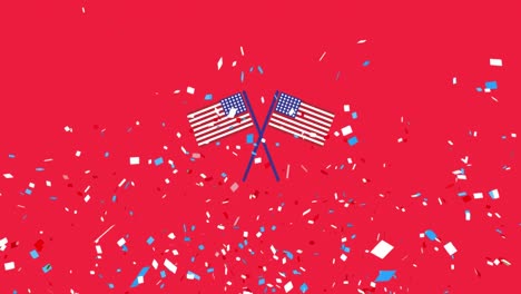 Animation-of-red-and-blue-confetti-falling-and-american-flags-on-red-background