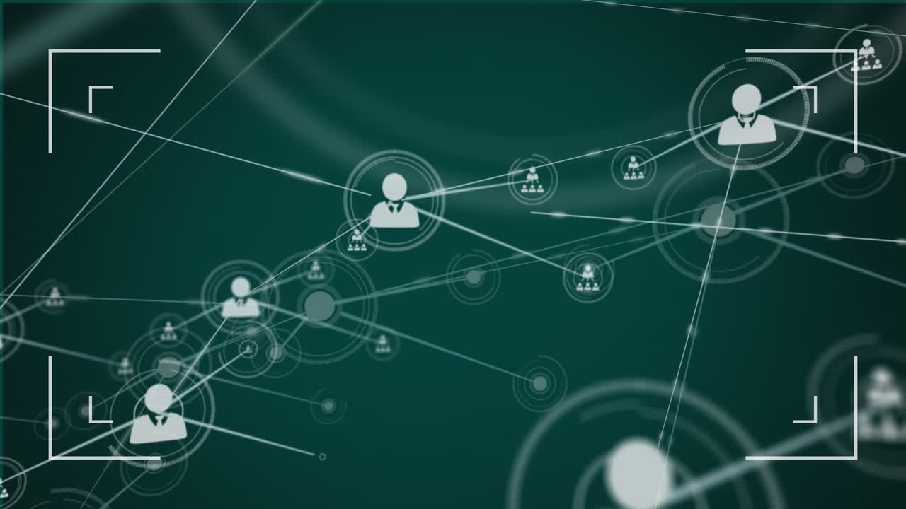 Animation of interface showing scope and network of connected people icons on dark green