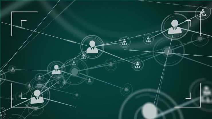 Animation of interface showing scope and network of connected people icons on dark green