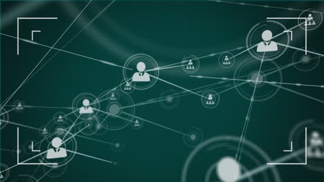 animation of interface showing scope and network of connected people icons on dark green