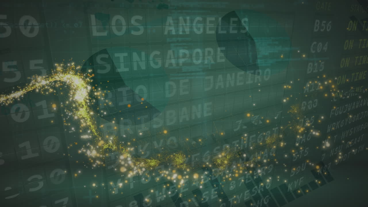 공항 시간표와 함께 초록색 배경에 빛의 애니메이션