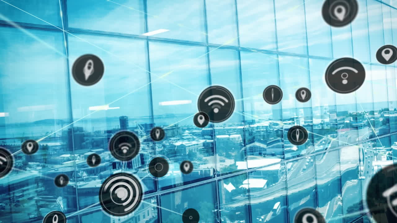 Animation of network of digital icons against reflection of cityscape on skyscraper