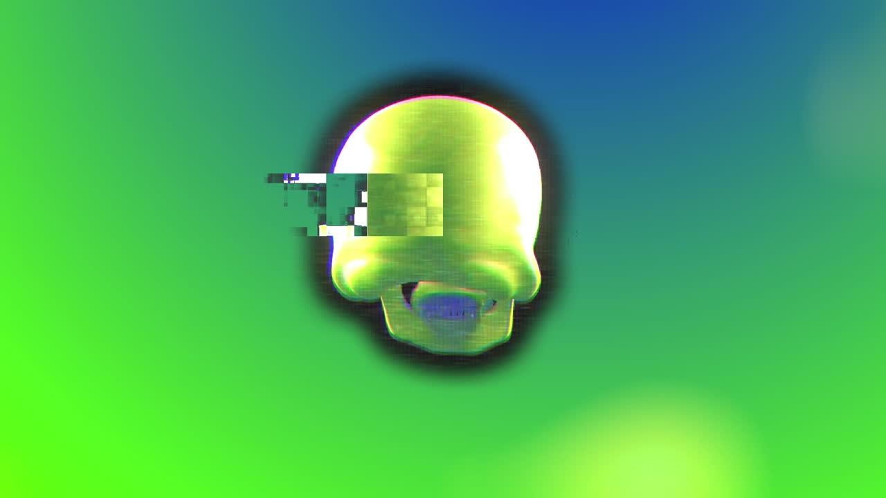 Rotating 3d human skull distorting over green and red blurred background