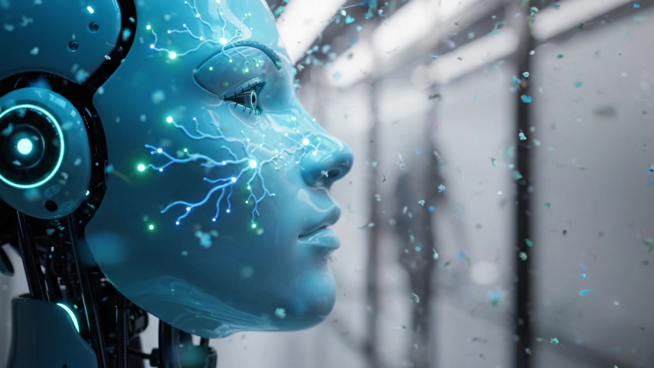 Volto di robot futuristico che mostra tecnologia avanzata e circuiti intricati, catturando un momento di innovazione mozzafiato nell'intelligenza artificiale in un paesaggio digitale
