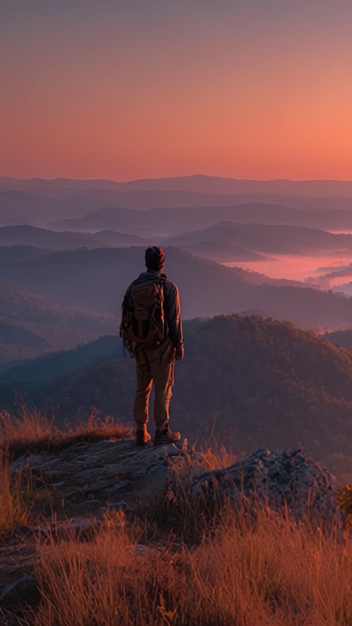 Serene Sunset Overlooking Vast Mountain Range: A Solitary Hiker Embraces the Tranquil Beauty of Nature and Reflects on Life's Journey