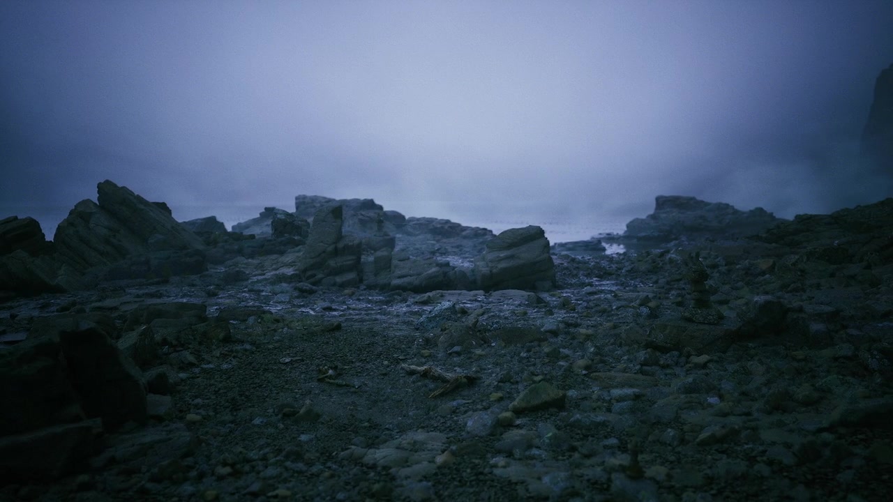 Nightfall harbor scene with mistcovered jagged stones and calm air