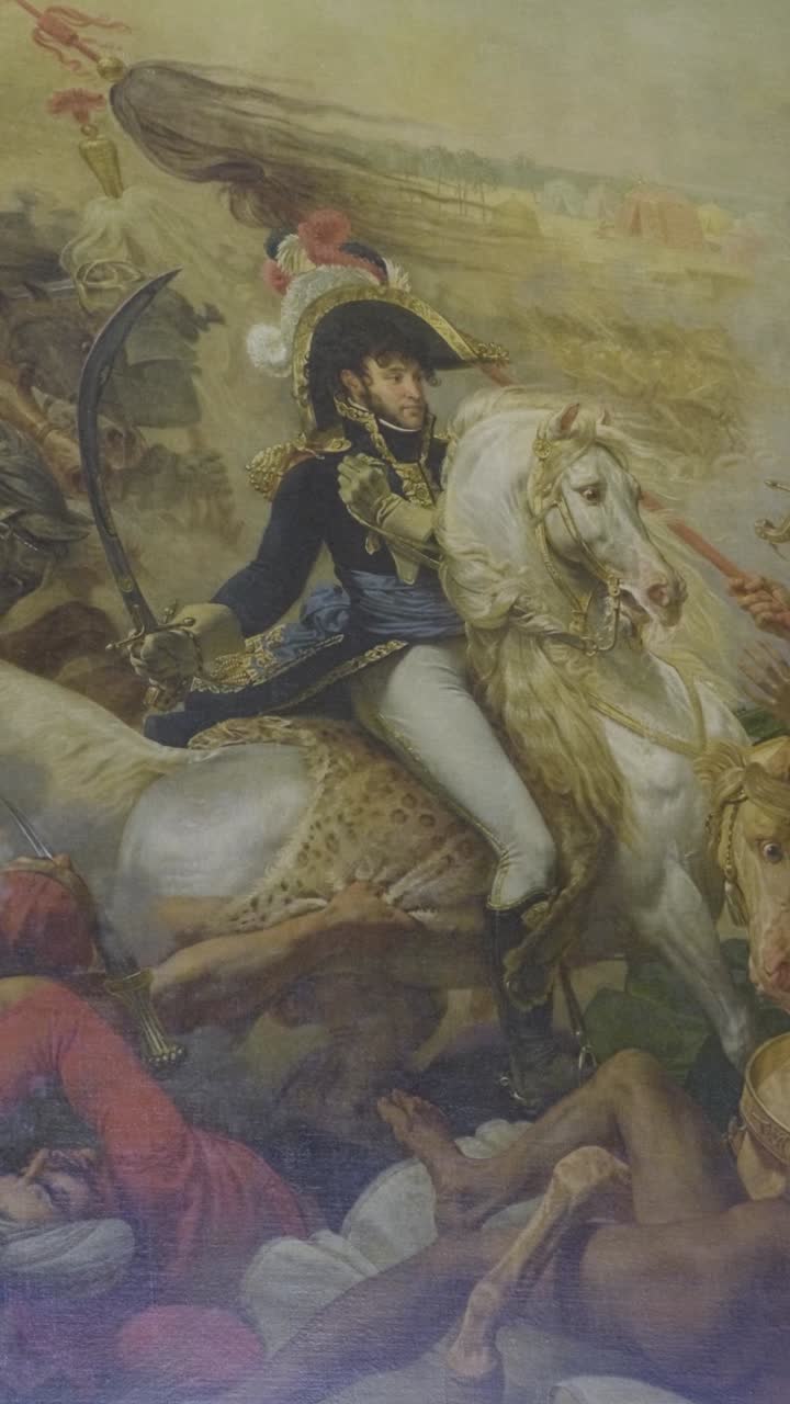 Classic war painting of a leader on a horse amidst battle chaos