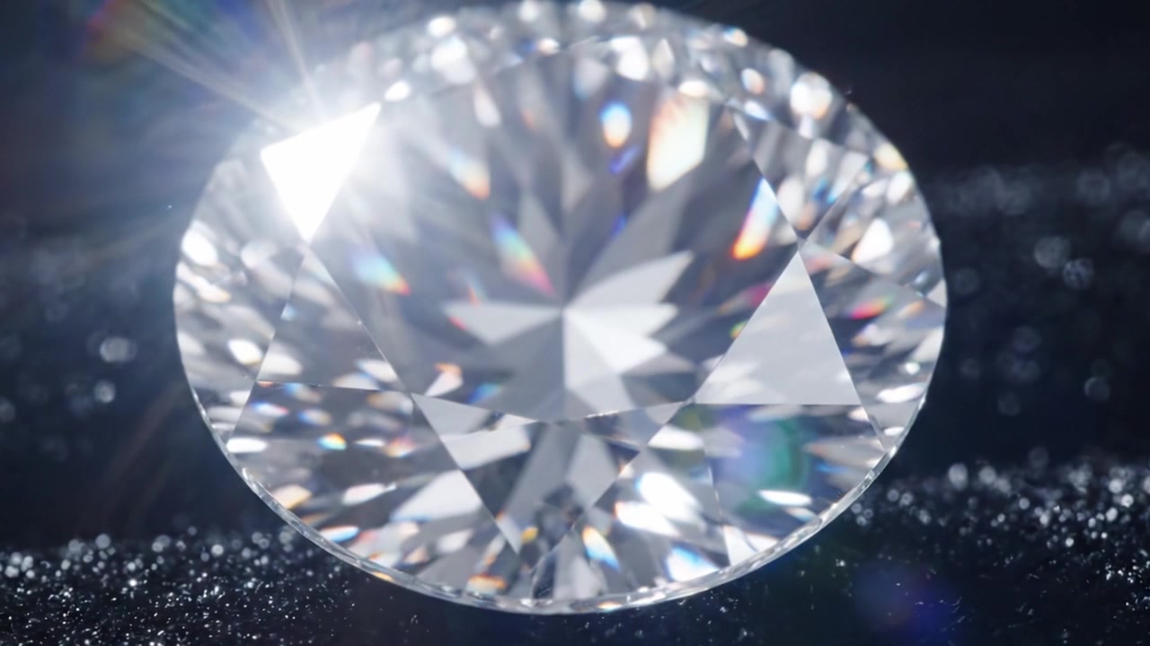 Et utsøkt nærbilde av en strålende diamant som viser frem dens blendende fasetter og glitrende refleksjoner mot en mørk bakgrunn