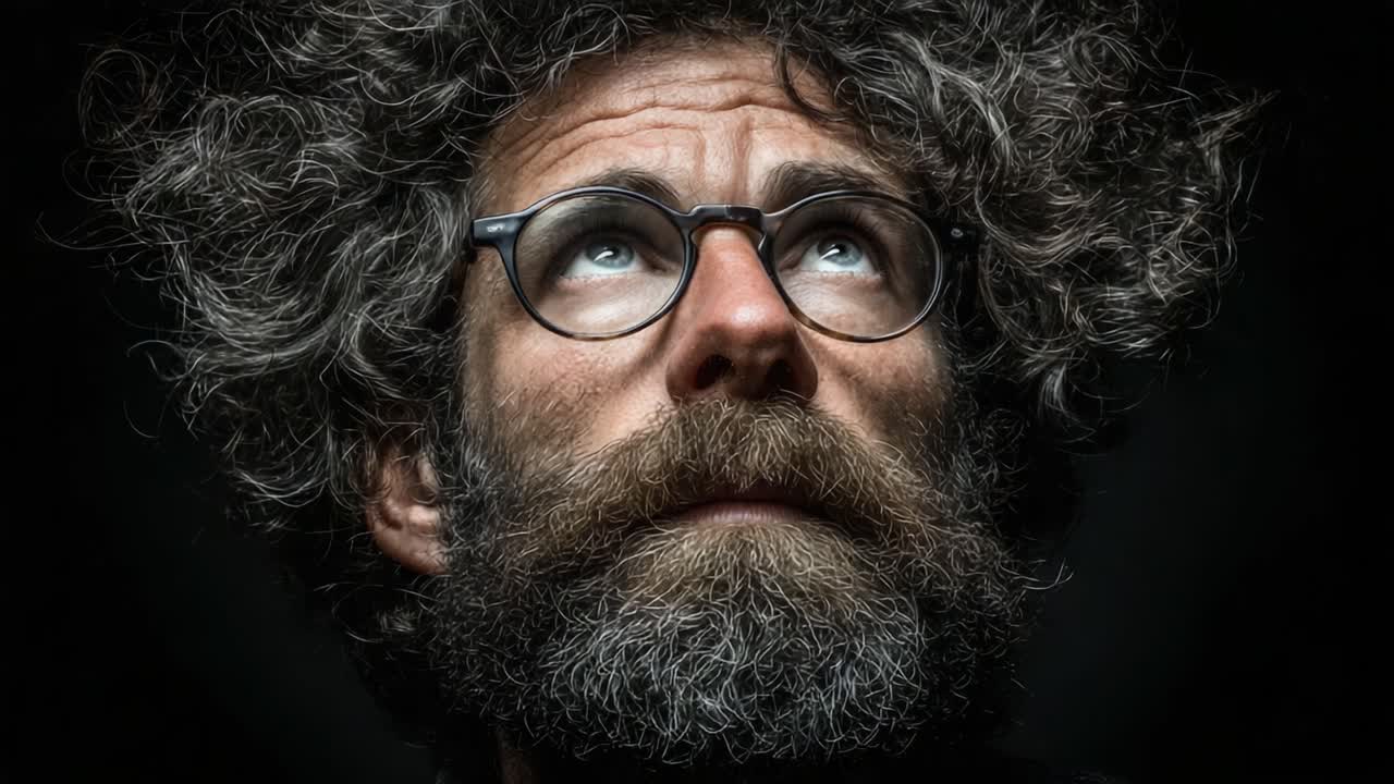 A Deep Glance into Soulful Expression: Capturing the Essence of an Individual with Distinctive Facial Hair and Bold Curly Hair Against Dark Background