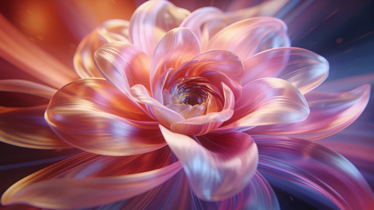 Lenta carrellata della telecamera e cambio di luce che mostra i petali di un fiore che si aprono con particelle sospese, rivelando una spirale in studio.