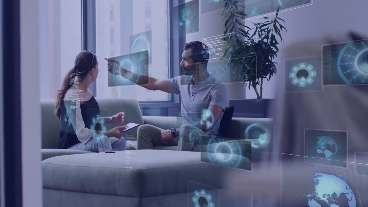 Discussing digital data holograms, man and woman in school environment