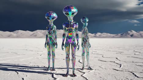 three iridescent aliens on a cracked salt flat desert