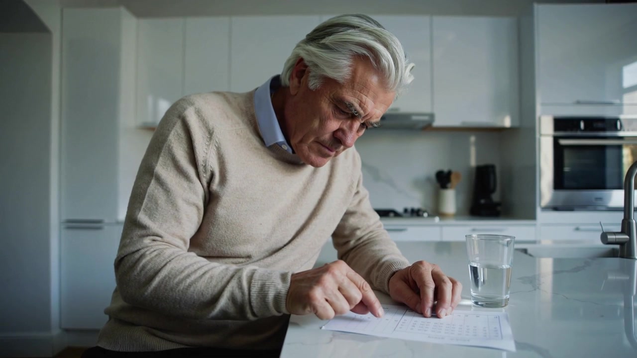 En ældre mand i beige strik følger tekst med fingeren, mens han gennemgår dokumenter ved køkkenøen, med et glas.