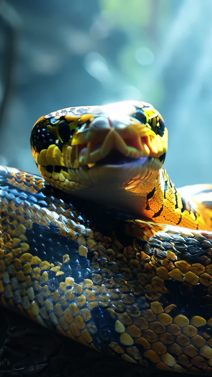 A snake is curled up on a log in the forest. The snake is yellow and black with a black head