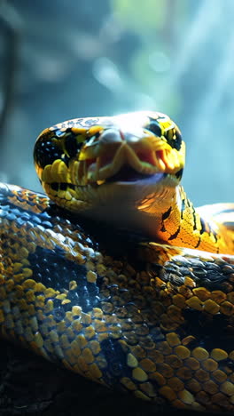 a snake is curled up on a log in the forest. the snake is yellow and black with a black head