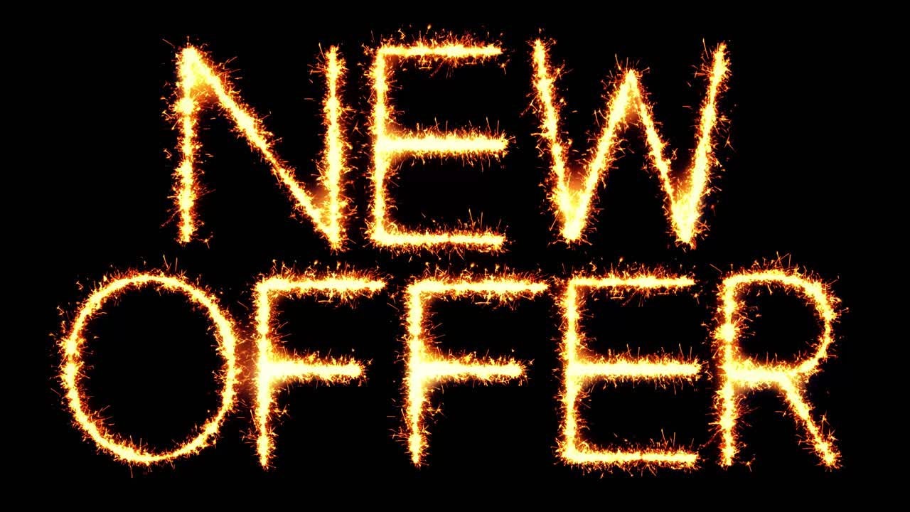 New offer text sparkler writing with glitter sparks particles firework on black 4k loop background