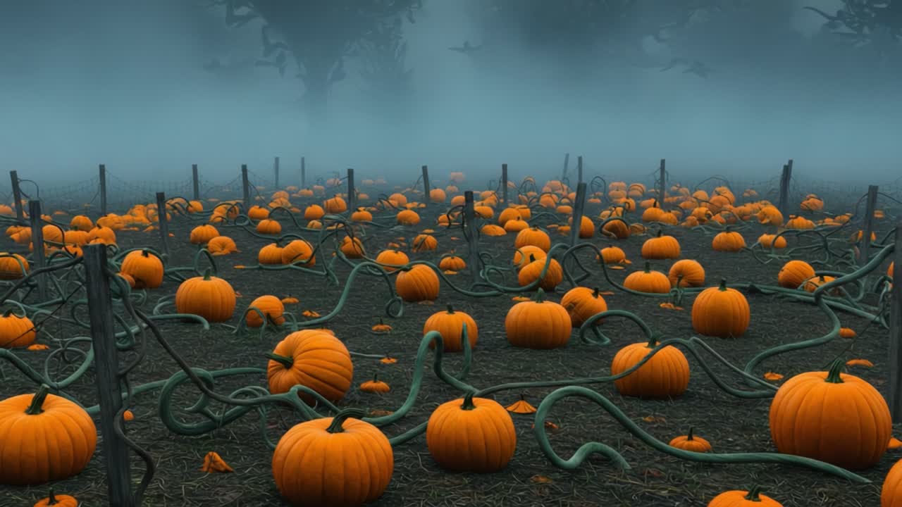 A Mysterious Pumpkin Patch Awash in Fog: Exploring the Enigmatic Beauty of a Sprawling Field Filled with vibrant Orange Pumpkins and Twisting Vines