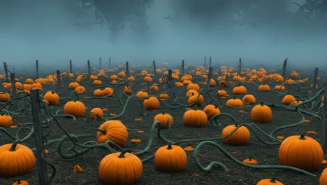 a mysterious pumpkin patch awash in fog: exploring the enigmatic beauty of a sprawling field filled with vibrant orange pumpkins and twisting vines