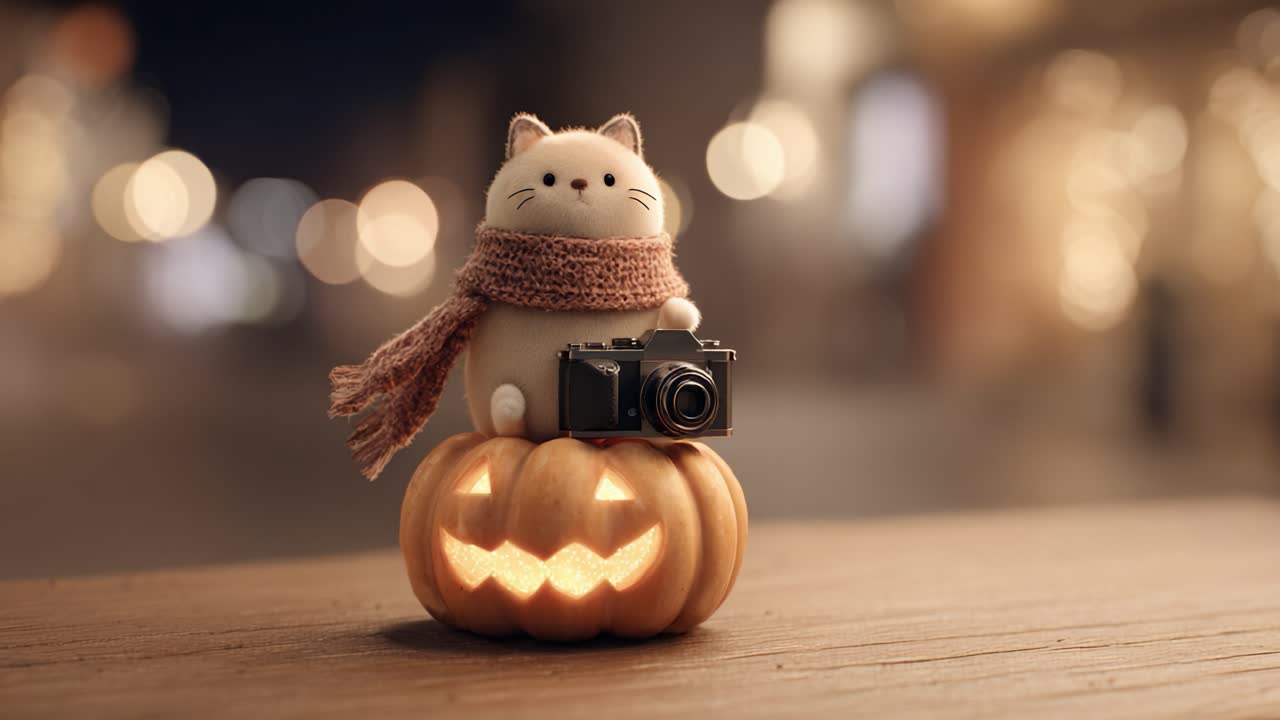 Una deliziosa scena di Halloween con una simpatica statuetta di gatto adornata con una sciarpa accogliente, appollaiata su una zucca intagliata mentre tiene in mano una macchina fotografica, perfetta per un'atmosfera festiva.