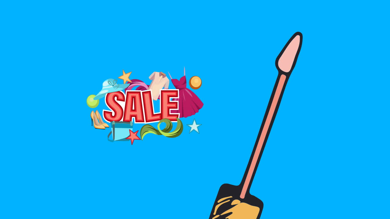 파란색 배경에 판매 텍스트 위에 마스카라 아이콘의 애니메이션