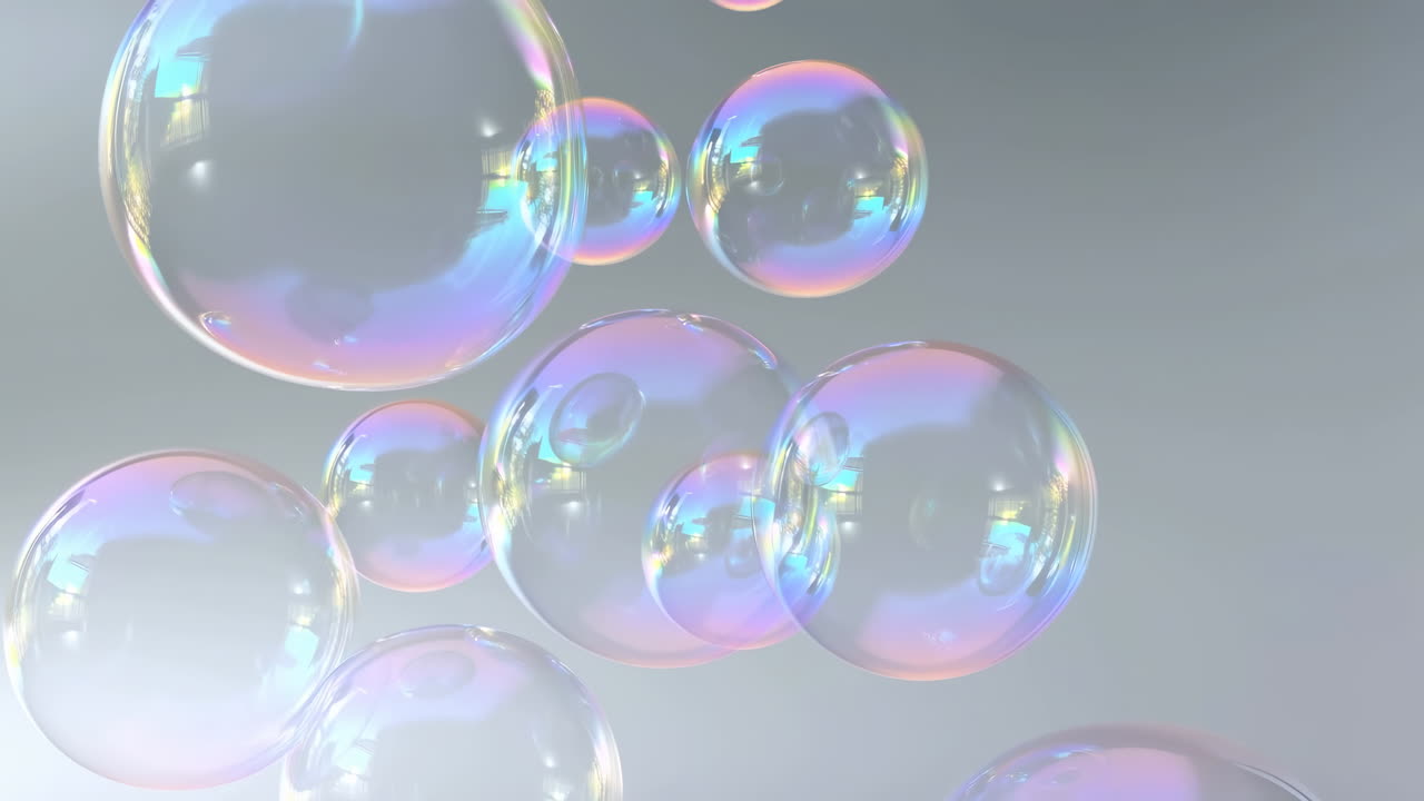 Iridescent Soap Bubbles Floating In Studio, Soft Grey Backdrop, Closeup Shimmering Reflections, Pastel