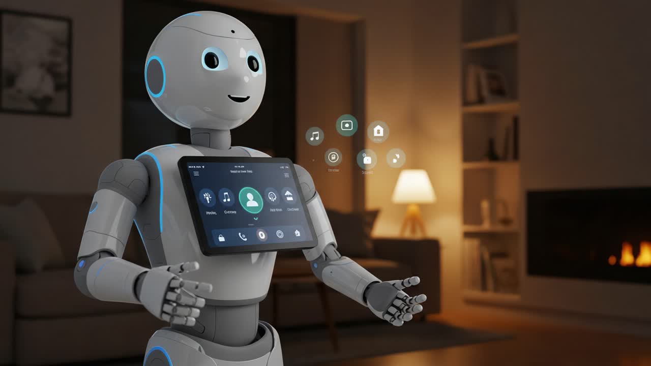 A Friendly Home Robot Interacting with Smart Home Features, Showcasing Its Touchscreen Interface and Engaging with Various Digital Functions in a Cozy Living Room Setting