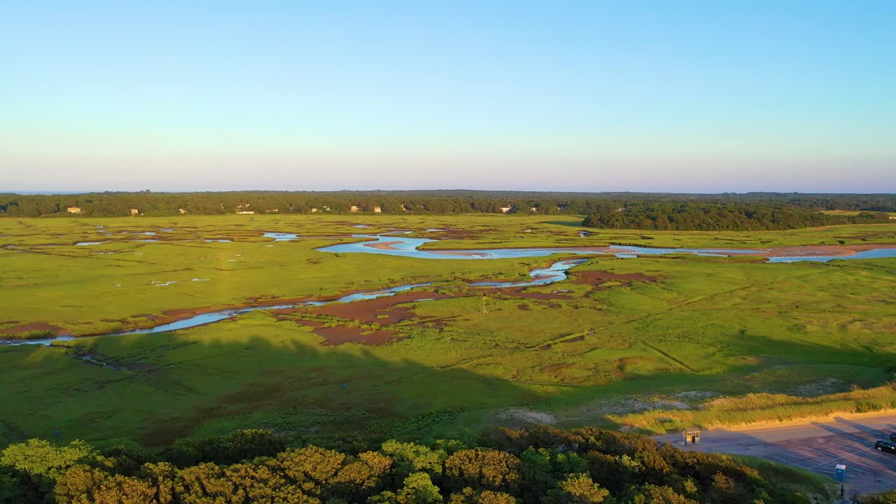 Ripresa aerea di un drone sulle ampie paludi di Cape Cod, corsi d'acqua intrecciati e zone umide illuminate dal sole che si estendono verso il limite degli alberi. Scenografico ecosistema costiero, fluido b-roll cinematografico 4K