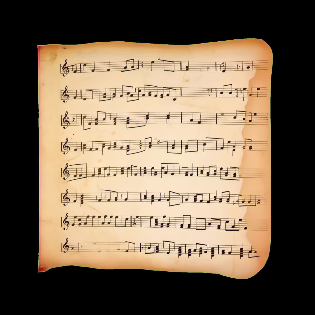 Vintage musical notes sheet animation isolated asset, transparent 4K video, alpha channel, ProRes