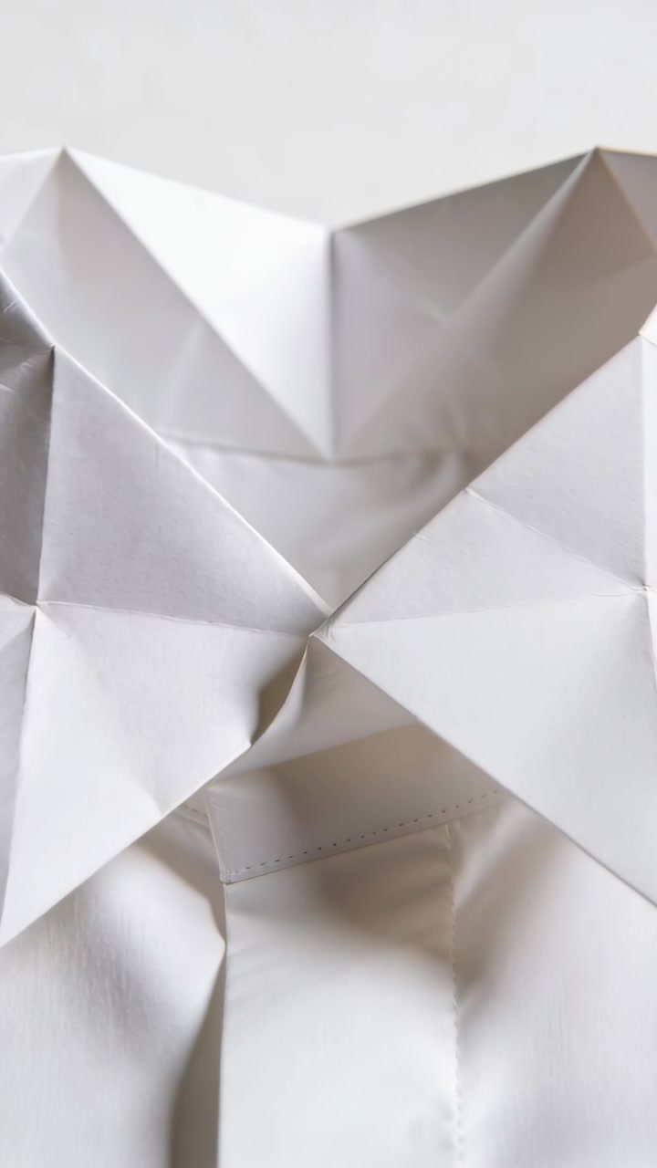 Vertical video: Folding white sheet via creases into X folds and peak on table showing stitched tab