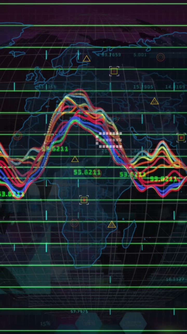 Animazione di grafici e dati finanziari su sfondo scuro.