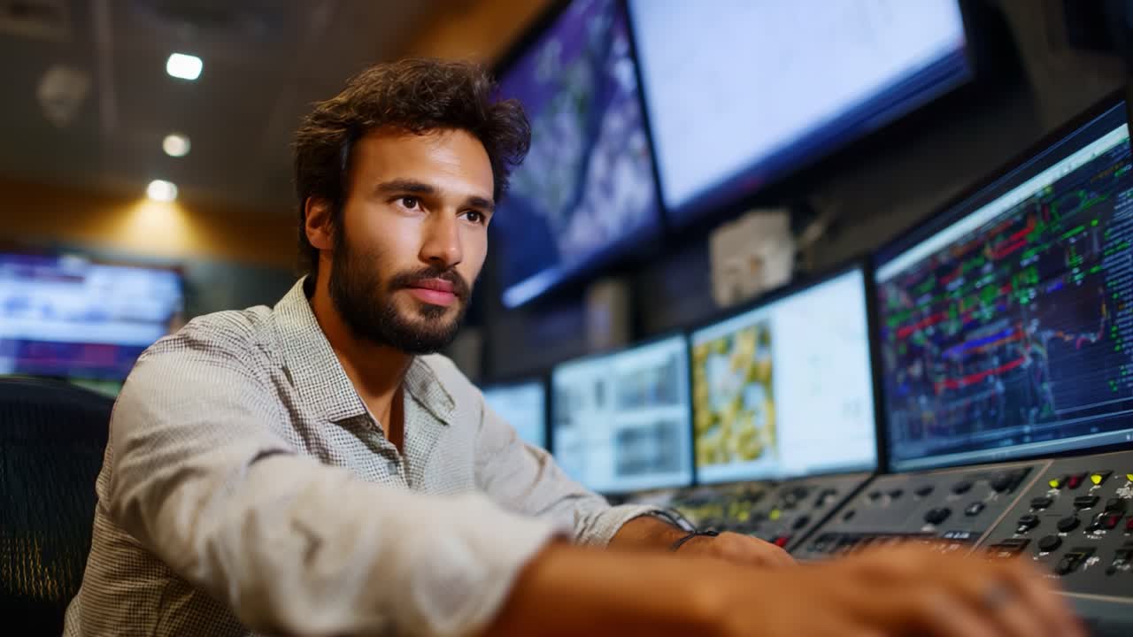 Focused professional analyzing data on multiple monitors in a modern control room, displaying financial graphs and metrics while managing critical operations