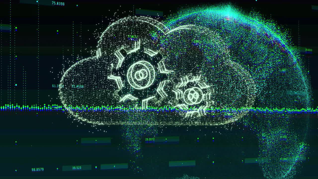 Un nuage de particules se formant à partir d'une colonne descendante, des engrenages rotatifs pulsant et se dispersant, montrant un flux de données