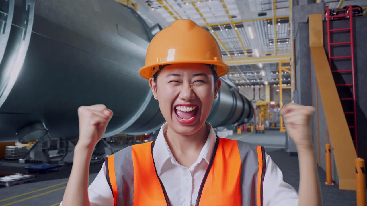 안전 헬을 착용한 아시아 여성 엔지니어가 파이프 제조 공장에서 일하는 것을 축하하는 목표를 외치고 있습니다.