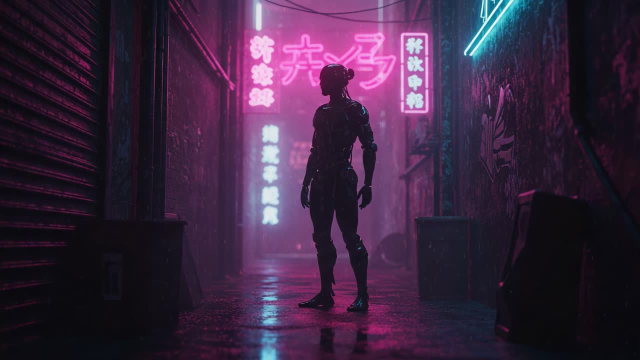 A Futuristic Figure Stands in a Neon-Illuminated Alleyway, Surrounded by a Misty Atmosphere and Vibrant Colors, Capturing a Cyberpunk Aesthetic in an Urban Setting