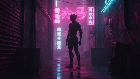 a futuristic figure stands in a neon-illuminated alleyway, surrounded by a misty atmosphere and vibrant colors, capturing a cyberpunk aesthetic in an urban setting