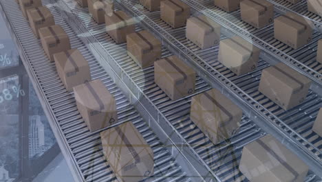 animation of statistics processing over cardboard boxes on conveyor belts