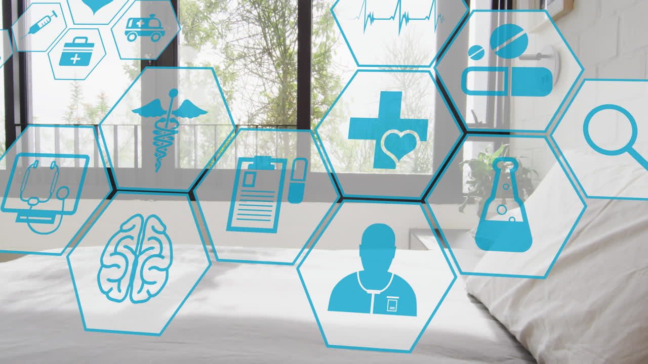 Animation of medical icons over hospital bed
