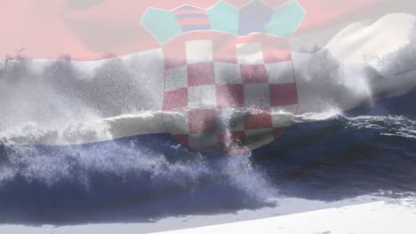 Composición-Digital-De-La-Bandera-De-Croacia-Ondeando-Contra-La-Vista-Aérea-De-Las-Olas-En-El-Mar