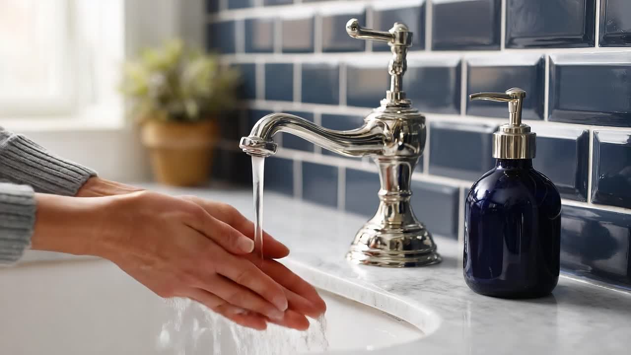 Un momento sereno mentre ci si lava le mani sotto rubinetti moderni: scopri la beatitudine della pulizia con un design elegante e un'atmosfera invitante in un ambiente bagno di stile