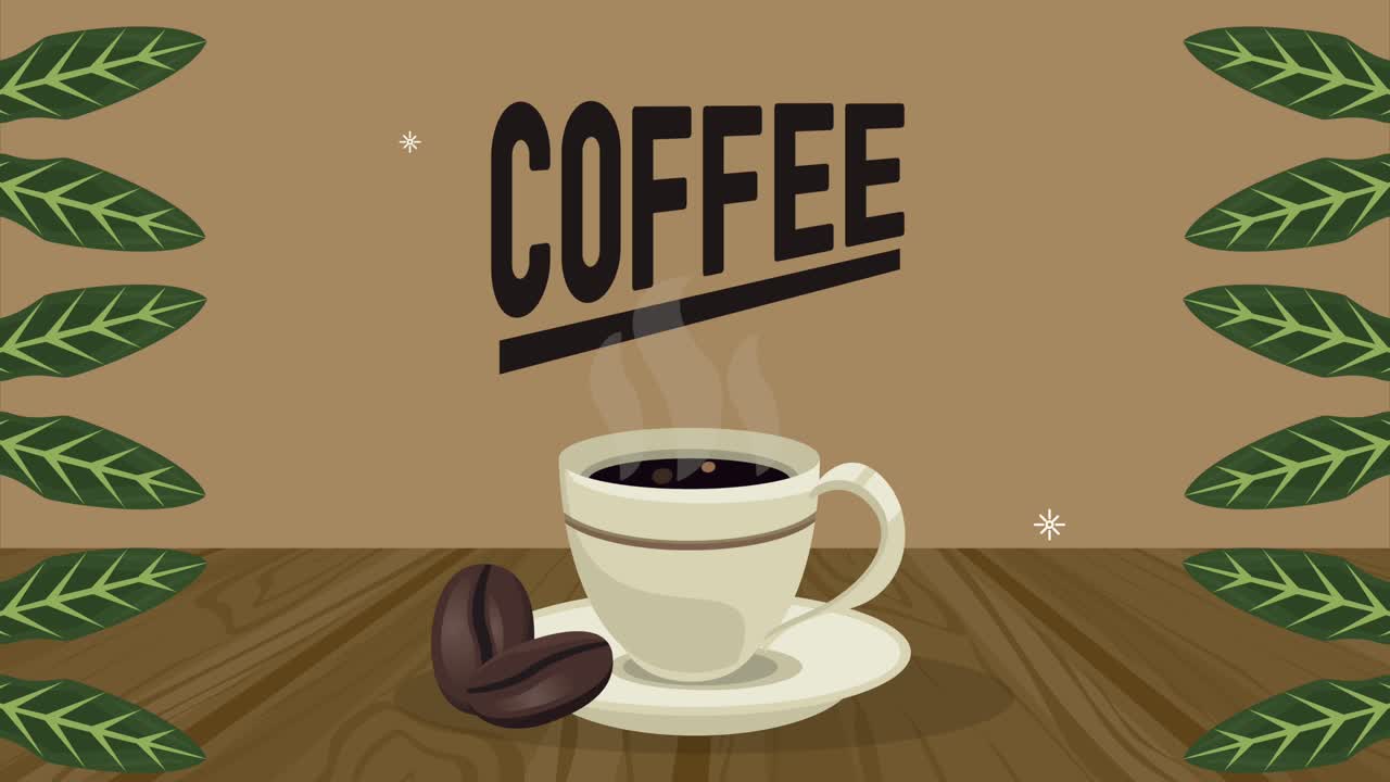 coffee house lettering with leafs and cup animation