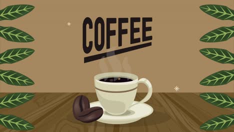 letras de casas de café con hojas y animación de tazas