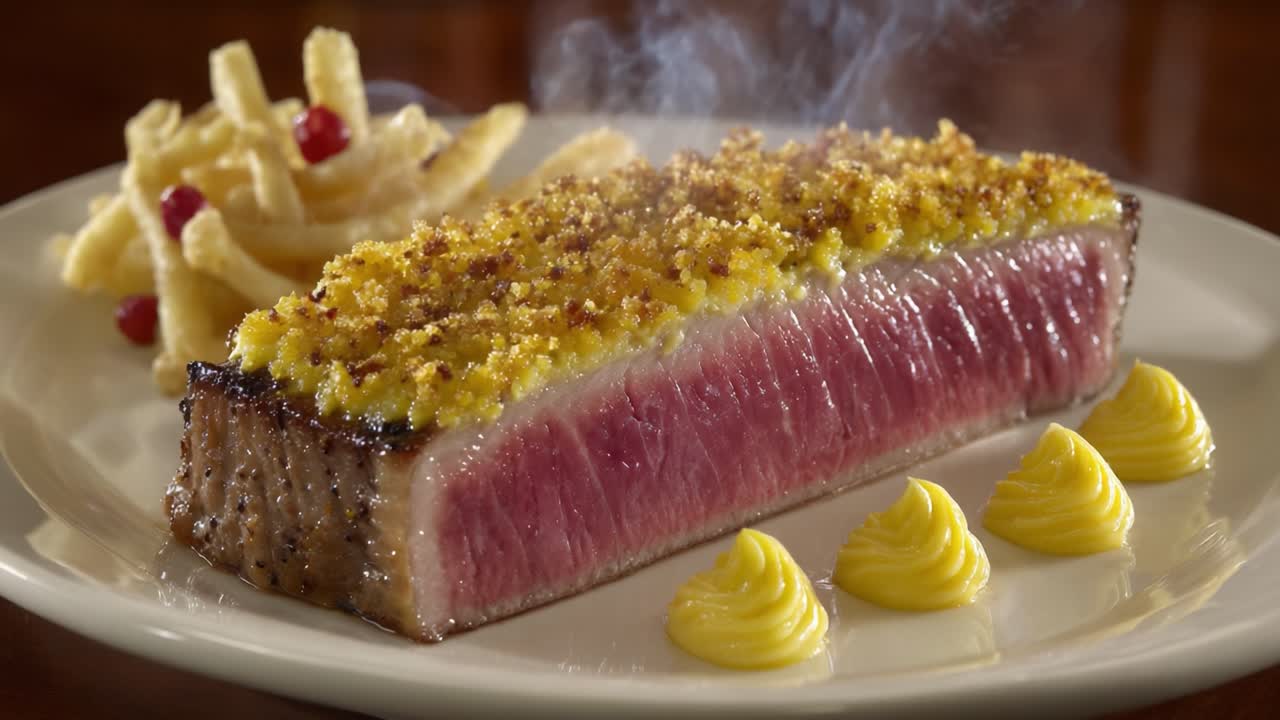 A Deliciously Plated Dish Featuring a Perfectly Cooked Steak with Crispy Topping, Accompanied by Golden Fries and Creamy Sauce, Ideal for Culinary Enthusiasts