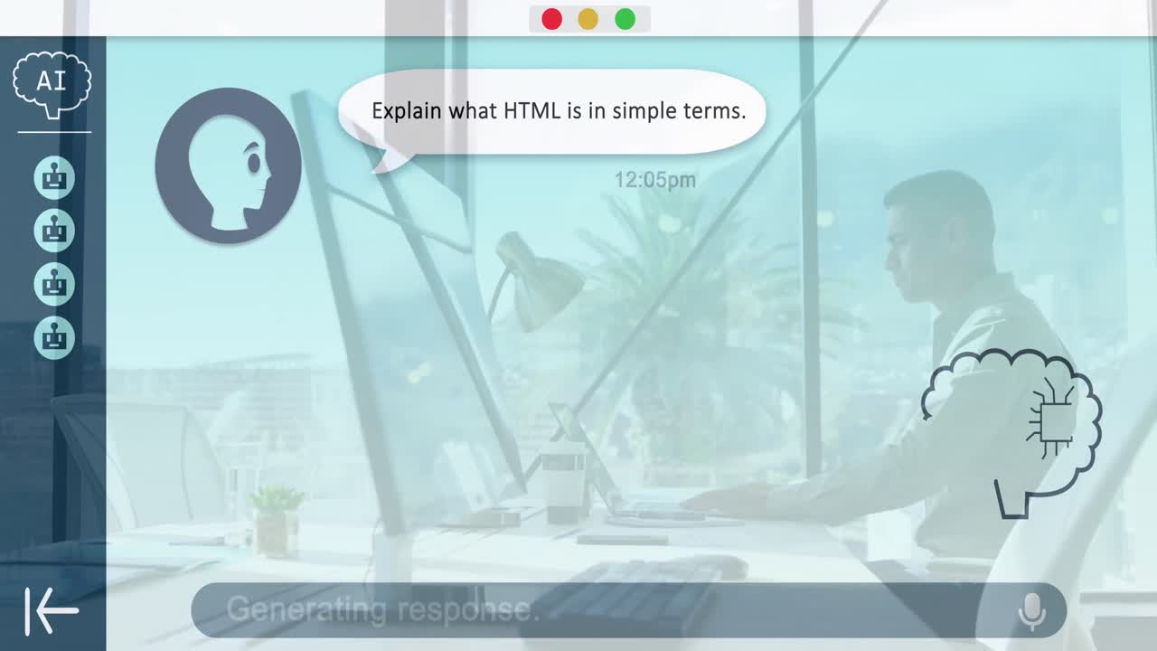 animación de procesamiento de chat en línea sobre hombre caucásico usando computadora portátil