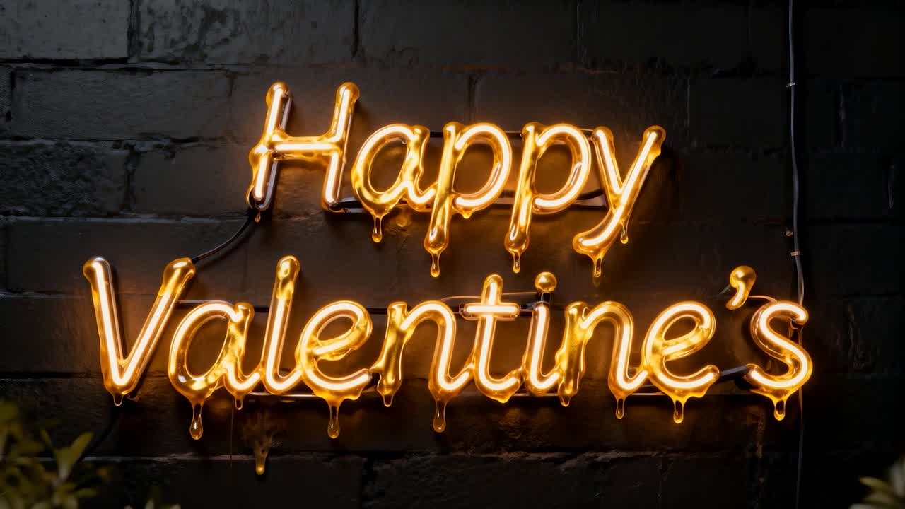 Zooming camera revealing neon sign reading Happy Valentine's on dark brick wall, revealing foliage