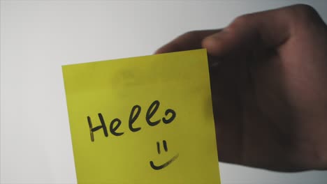 hand holding a yellow sticky note with the word hello