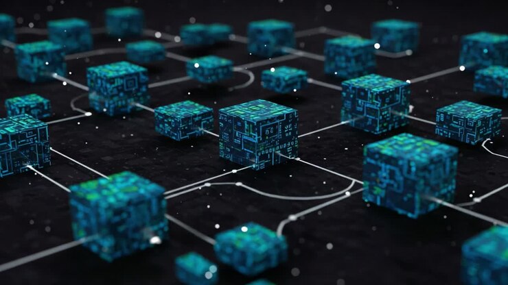 Una vivace rete di cubi digitali che mostra interconnessioni complesse, evidenziando l'intersezione tra tecnologia e innovazione nei moderni sistemi di dati.